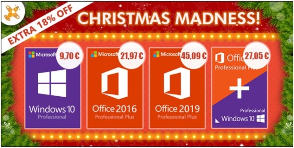 Software Christmas Madness: Windows 10 Pro 9,70 €, Office 2016 Pro 12,97€ i Office 2019 45,09€