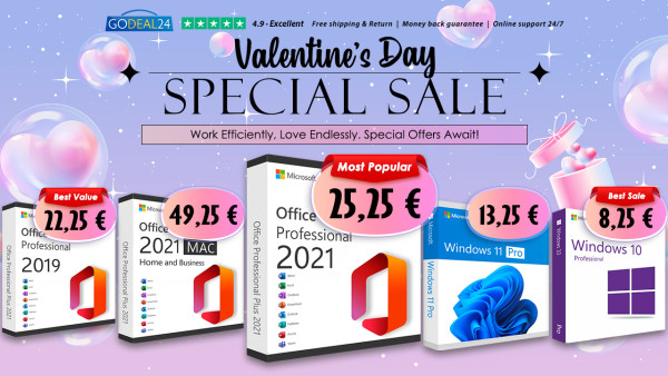 Godeal24 valentinovska rasprodaja: Ugrabite najbolju priliku dana! Office 2021 Pro Plus za samo 25,25 €, a Windowsi 11 Pro za samo 13,25 €!