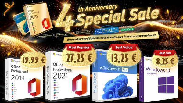Godeal24 slavljenička rasprodaja: Veliki popusti na Office 2021, Windowse i još toga. Do 90% sniženja! Office 2021 Pro kreće od 17,25 € po računalu!
