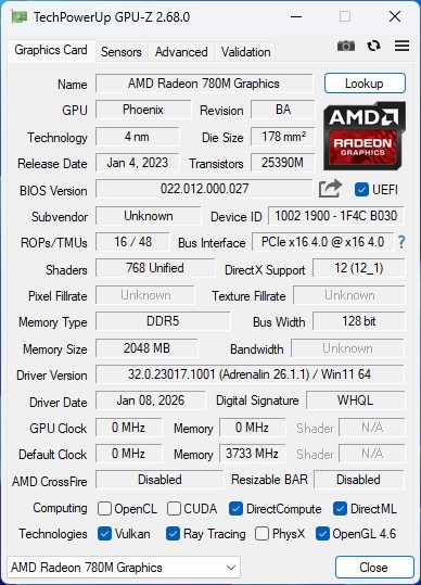 minisforum x1 lite radeon 780m gpuz